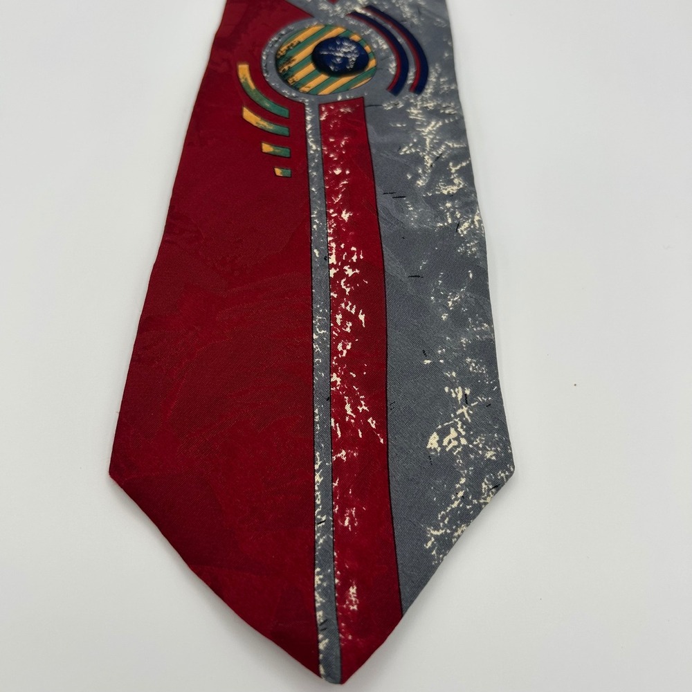 Torriani Tie Mens OS Red Grey All Silk Abstract Geometric 1990s Retro Minimalist